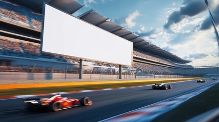 Naklejka premium Giant Blank Billboard at Racetrack with Racing Cars Racing on an Open Track During a Bright and Dynamic Sunset Scene