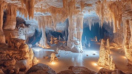 Majestic underground cave with stunning stalactites and stalagmites illuminated by soft light