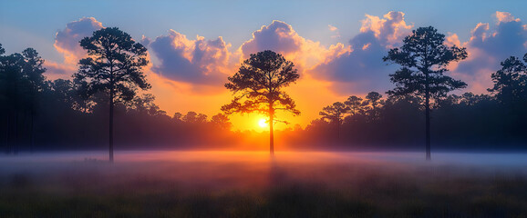 Sunrise In A Misty Meadow With Pine Trees