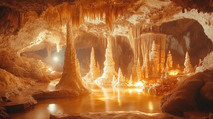 Stunning underground cave with stalagmites and stalactites reflecting warm light in water
