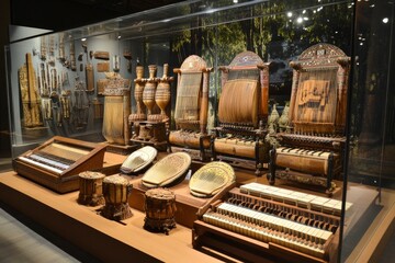 Thai musical instruments on display at the Bangkok National Museum with generative ai