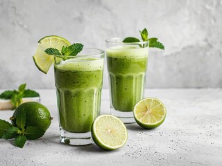 Fototapeta premium Two Glasses of Green Smoothie with Lime and Mint