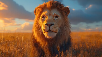 Majestic lion gazing intently in a golden sunset savanna, with dramatic clouds in the background