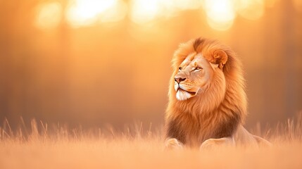 Majestic lion resting in golden grass during sunset, showcasing its regal mane and serene expression