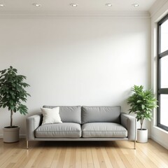 A bright white living room with a sleek gray sofa, cream walls, hardwood floors, large windows, and potted plants for a peaceful vibe.