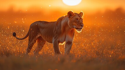 Majestic lioness walking through golden grasslands at sunset, creating a serene atmosphere