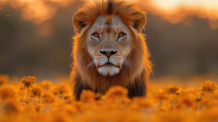 Majestic lion standing amidst vibrant orange flowers during sunset in a serene landscape