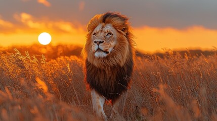 Majestic lion walking through golden grasslands at sunset, symbolizing strength and freedom