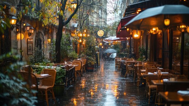 Rainy Parisian alleyway cafe ambiance, autumn