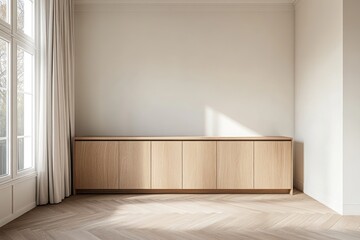 Fototapeta premium Light wood cabinet in sunlit minimalist room