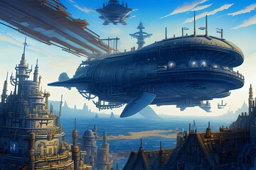 ゲーム背景　スチームパンクワールド鯨型飛行船の飛ぶ風景