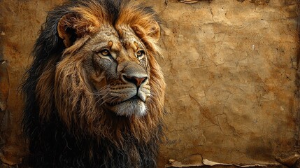 Majestic lion portrait against a textured backdrop, showcasing its regal demeanor and strength