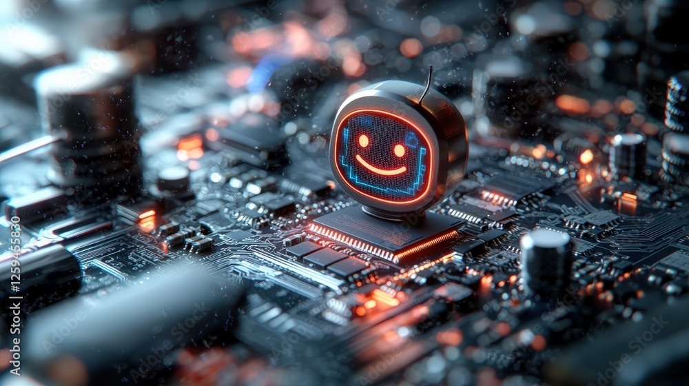 Poster close up of a computer chip with a glowing realistic smiling chatbot icon on a high fidelity backgro