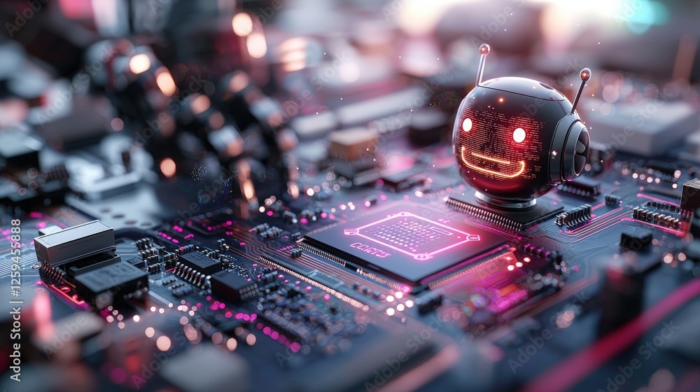 Aufkleber realistic smiling robot chat icon glowing on computer screen with abstract background