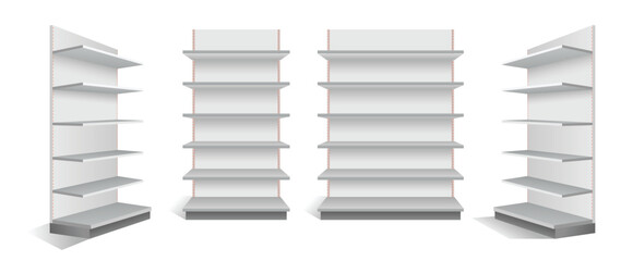 Set of Realistic Retail Store Display Shelving Units isolated on white  