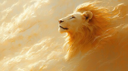 Majestic lion gazing into the distance amidst a golden, cloud-like background