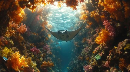 Majestic manta ray gliding through vibrant coral reef in serene underwater landscape