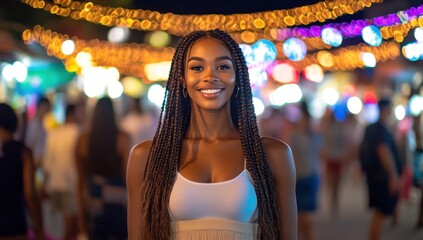 Obraz premium Night Market Beauty: A Smiling Woman with Box Braids Amidst Festive Lights
