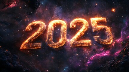 A colossal "2025" glowing in golden hues, floating against the backdrop of a swirling purple and pink nebula, with distant stars twinkling and subtle cosmic light illuminating the letters,