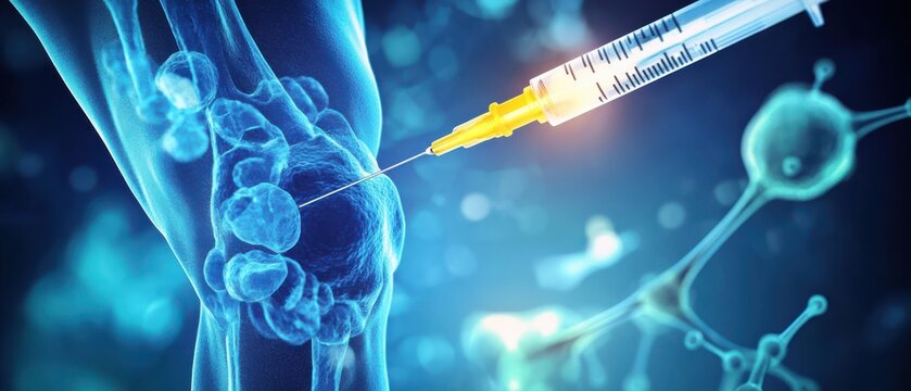 A close-up of high-tech syringe injecting stem cells into knee joint for regeneration