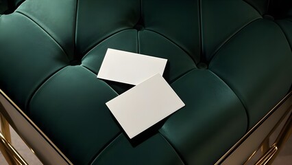 Blank business cards mockup template on a velvet, green art deco furniture, real photo,empty,blank,green