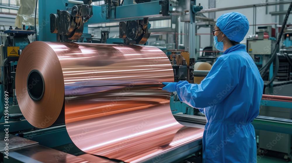 Poster industrial worker operating machine for processing copper metal roll in modern factory setting