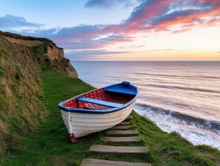 A tranquil scene featuring a colorful boat on grassy cliffs overlooking a serene sea at sunset,...