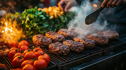 A sizzling barbecue grill loaded with thick beef patties, melting cheese, and fresh vegetables, radiating an appetizing smoky aroma.