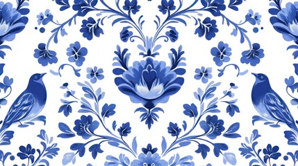 Blue floral bird pattern textile design repeat