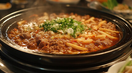 A close-up view of a bubbling hot pot filled with spicy broth, sliced meats, fresh vegetables, and aromatic herbs, capturing the essence of communal dining.