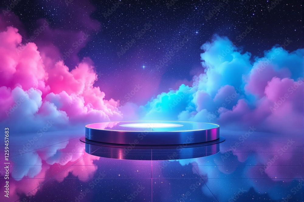 Poster circular podium with glowing edges on reflective floor, set against a cosmic background with pink an