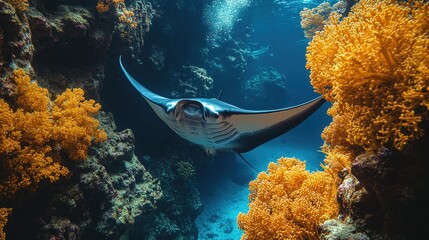 Majestic manta ray gliding through vibrant coral reef, showcasing underwater beauty and life