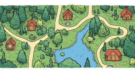 Rustic cabins lake forest map summer vacation