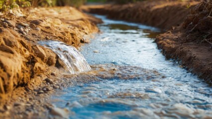 Obraz premium Tranquil Blue Stream Flowing Through Rock Trench in Wooded Area with Sunlight Glow, Peaceful Nature Scene
