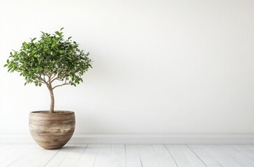 Fototapeta premium Potted Bonsai Tree Against White Wall