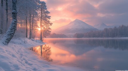 Serene winter landscape at sunrise with snowy mountains and tranquil lake reflecting colors