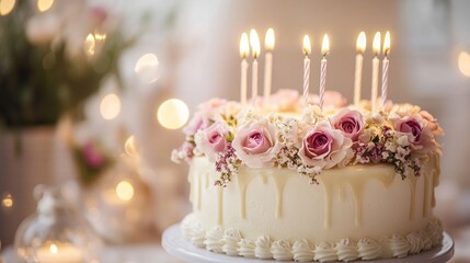 Elegant Birthday Cake Adorned with Roses and Lit Candles for Celebration