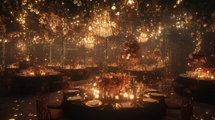 A dreamy golden-hued interior setting with shimmering sparkles, evoking warmth and elegance for event or design concepts.