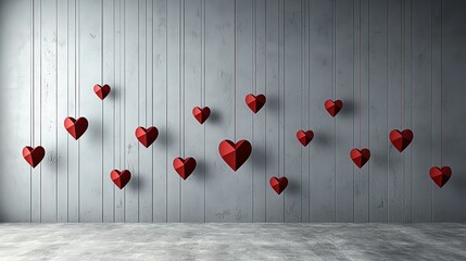 A collection of red heart shapes suspended against a textured gray wall, creating a romantic and artistic atmosphere.