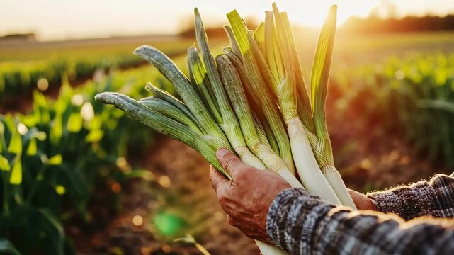 Harvesting fresh leeks in a sunlit field during the golden hour of a warm evening