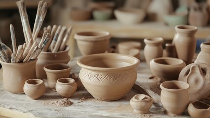Well-organized pottery setup with clay, tools, and completed pieces. Featuring tools and clay. Emphasizing creativity and technique. Ideal for craft.