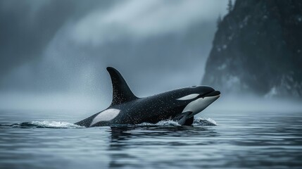 Orca breaching the surface of a misty ocean with rocky cliffs in the background