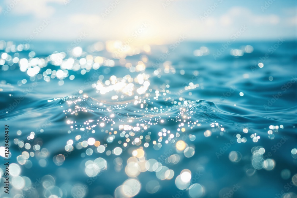 Poster ocean waves shimmer under sunlight with bokeh effect, creating a serene and dreamy background. soft 
