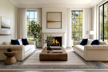French Country Farmhouse Living Room with Cozy Fireplace and Grid Windows, Featuring Two Stylish Sofas