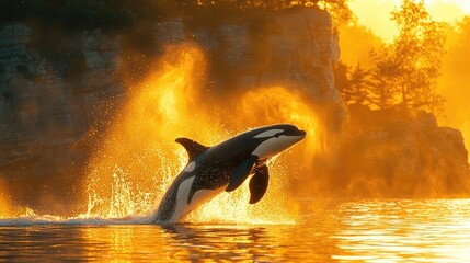 Majestic orca breaching the shimmering water at sunset near rocky cliffs, creating a stunning scene