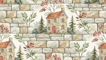 Weathered Stone Wall Facade, Landscape Photography, Drawing Art Style, Architectural Detail, Rustic Texture