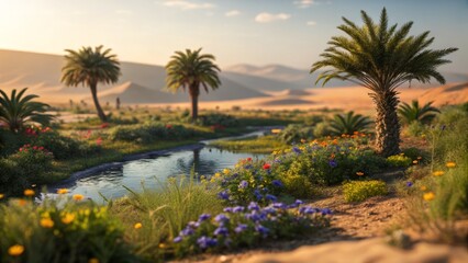 Vibrant Oasis: Miniature Tilt-Shift Landscape Photography of Lush Desert Spring