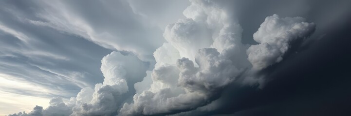 Dark grey cloud cover with towering cumulonimbus clouds, severe weather conditions, ominous clouds