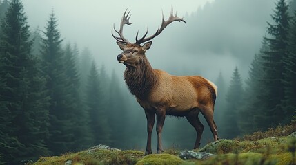 Majestic stag standing proudly in a misty forest, surrounded by tall trees and lush greenery