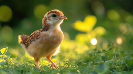 Charming Young Chick Exploring a Lush Green Environment